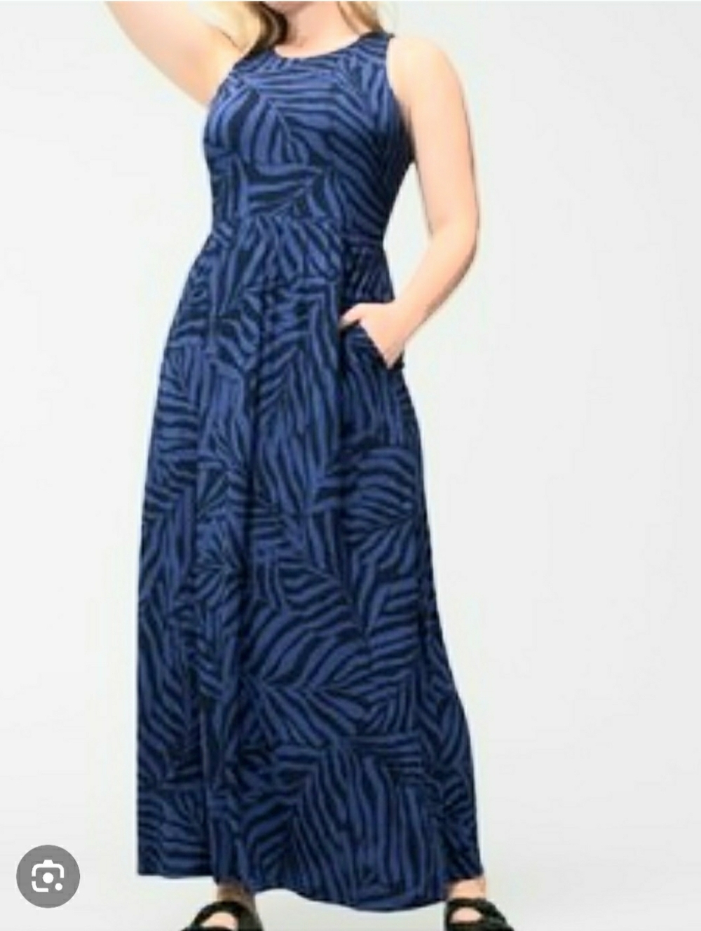 Soma Navy Blue Palm Print  Maxi Bra Dress Small Elastic Waist Confy Sleeveless